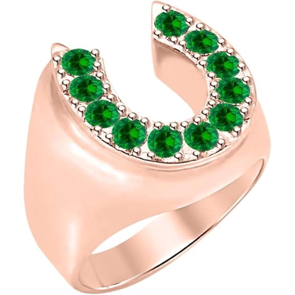 Horseshoe Ring 925 Sterling Silver 14K Rose Gold Finish Round Cut Green Emerald Gemstones Wedding Anniversary Gift For Men