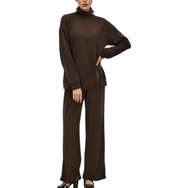 Gibobby Conjunto dama pants y sudadera afelpada Conjunto de pantalones de punto de dos piezas con patchwork de punto de color sólido y cuello para mujer(Café,G)