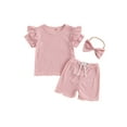 thumbnail image 2 of Aojekbee 3-Piece Toddler Girls Ribbed Set Ruffles Short Sleeve Round Neck Lacy Tops Elastic Waist Shorts Bow Hair Band Outfits, 2 of 10