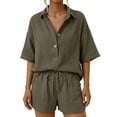 thumbnail image 3 of Women's Casual Solid Color Cotton-Linen Shirt & Shorts 2-Piece Set, Comfortable Summer Coordinated Outfit Army Green L, 3 of 8