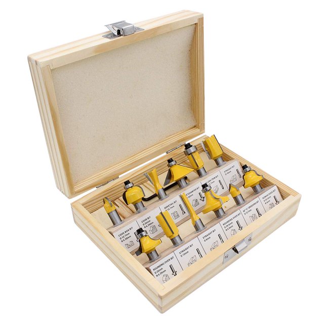 12 brocas de enrutador de carburo de tungsteno con vástago de 8 mm, broca de enrutador de madera con caja de almacenamiento de madera para puertas, mesas, estantes, gabinetes, carpintería de JFHHH pequeña