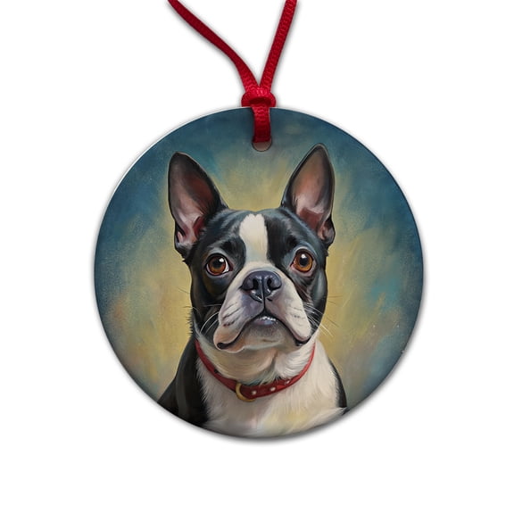 Boston Terrier Dog Illustration Christmas Tree Holiday Round Ceramic Ornament