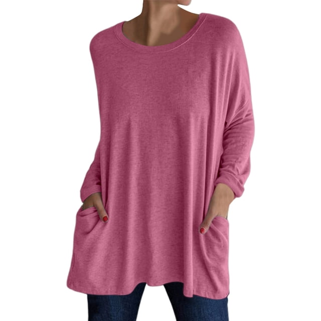 NINGMENG Hauts pour Femmes Couleur Unie Col Rond Manches Longues Poches T-Shirts Chandail Extérieur, Rouge, TG