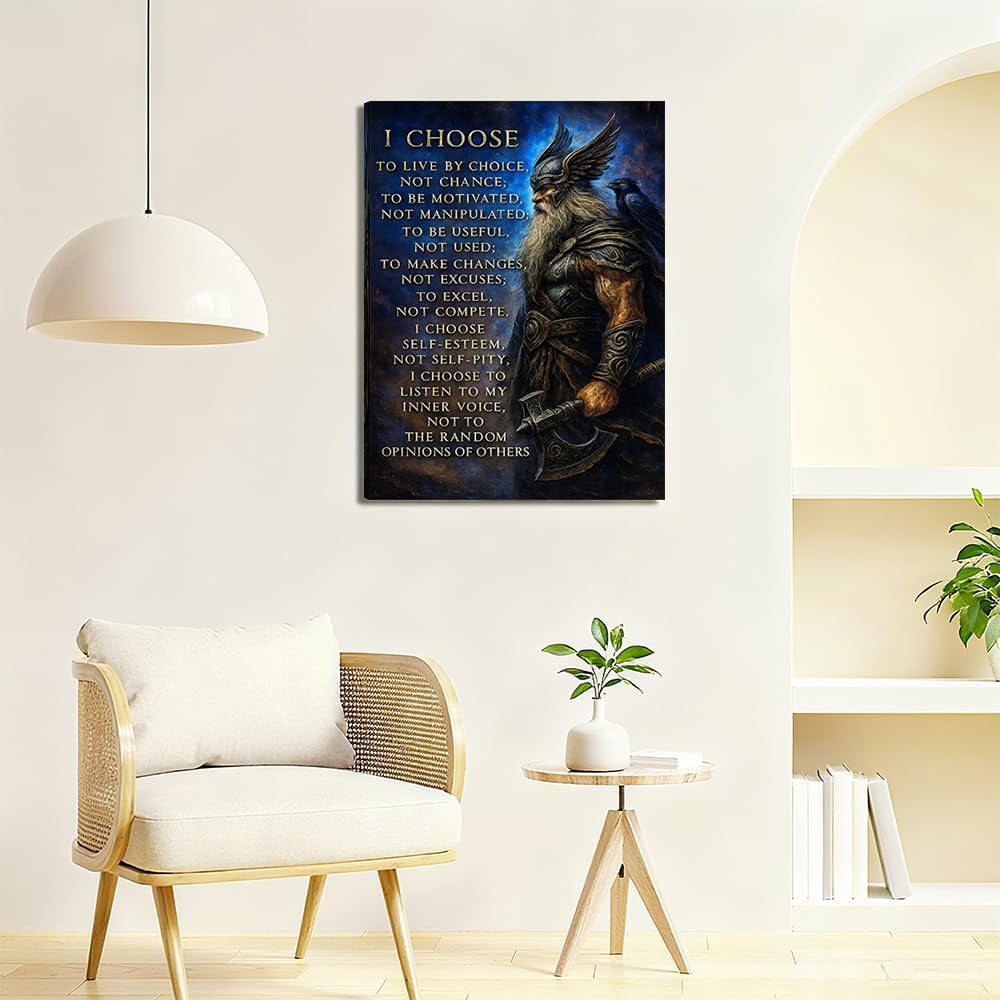 Viking Warrior Inspirational Canvas Wall Art Poster Print - I Choose to Live by Choice Motivational Quote Wall Decor for Home Office Bedroom - Ready to Hang Art