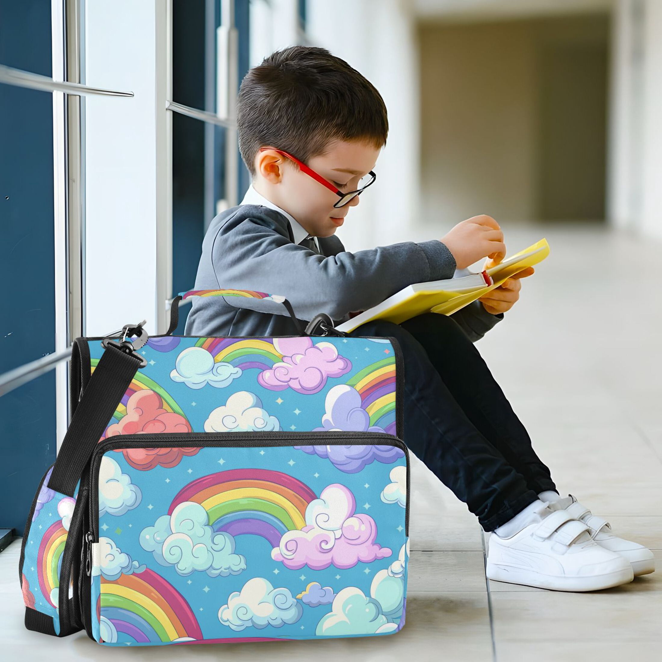 3 Ring Zipper Binder with Shoulder Strap Waterproof Trapper Keeper 2 Inch D-Ring 500 Sheets Capacity Cartoon Rainbow and Cloud