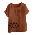 thumbnail image 4 of Cavosen Tops for Women Short Sleeve Artificial Cotton Linen Dandelion Print Button Summer Tees Crewneck Comfy Casual Dressy Pullover Blouse Lightweight Beach Shirts Brown 2XL, 4 of 4