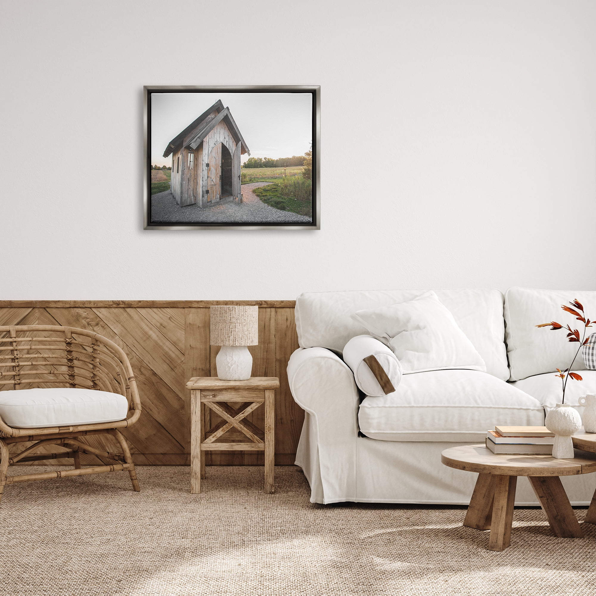 Stupell Industries Cabin at Sunset Nature Photography Gray Floater Framed Art Print Wall Art, 31 x 25