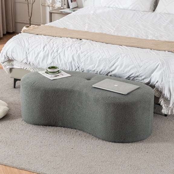 Hobooment 51’’Teddy Tufted Upholstered Bedroom Bench, Gray Soft Foot-of-Bed Seating with Diamond Tufting Sturdy No Assembly Required