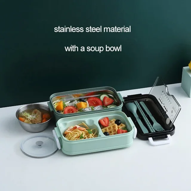 Boîte à Lunch à 2 Couches en Acier Inoxydable, Récipient à Lunch Chauffable au Micro-Ondes, Boîte de Rangement pour Aliments, Boîte Bento pour Écoliers et Travailleurs de Bureau, Acier Inoxydable Vert