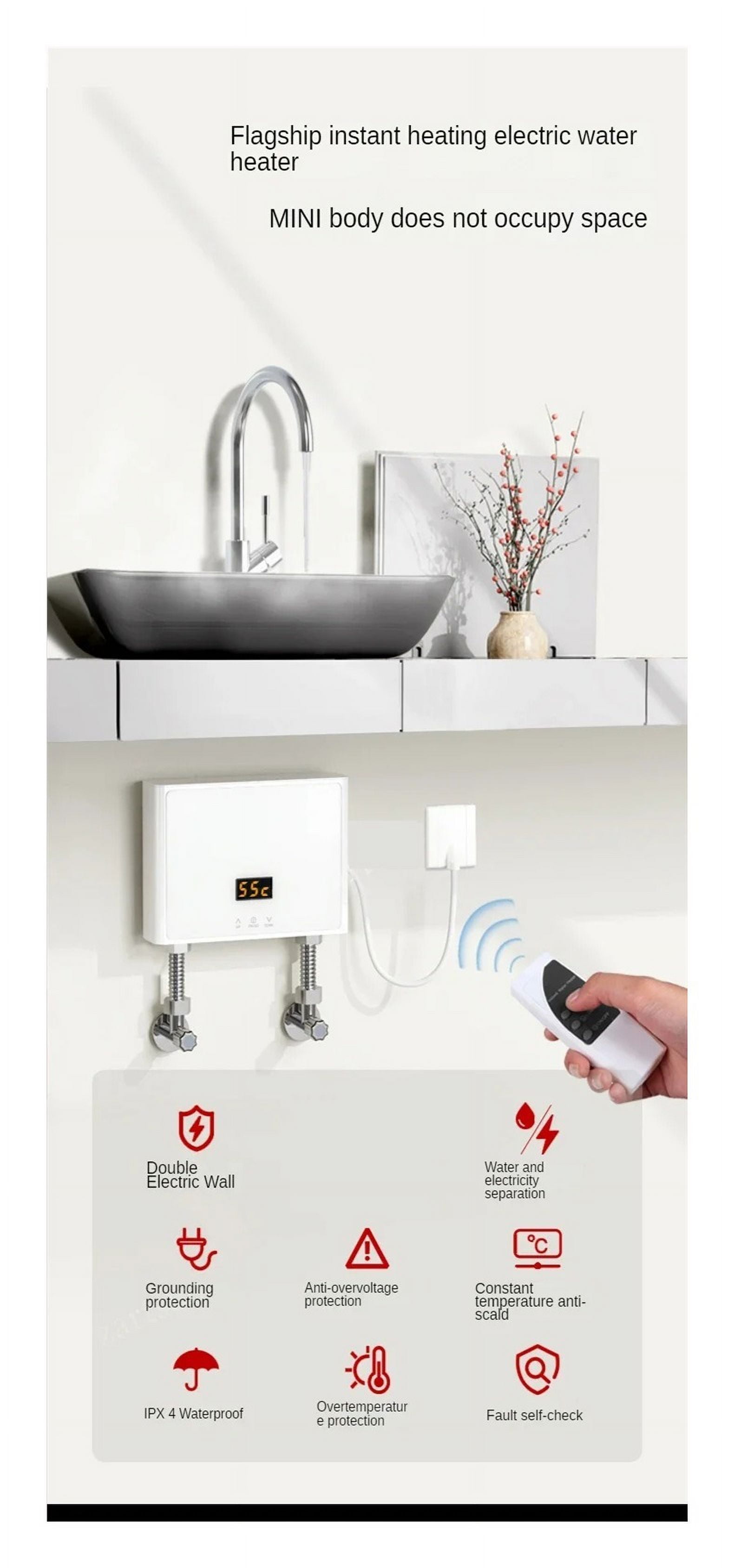 Tankless Instant Electric Water Heater With Touch Panel Remote Control For Kitchen Bathroom Accessory ,Energy Saving