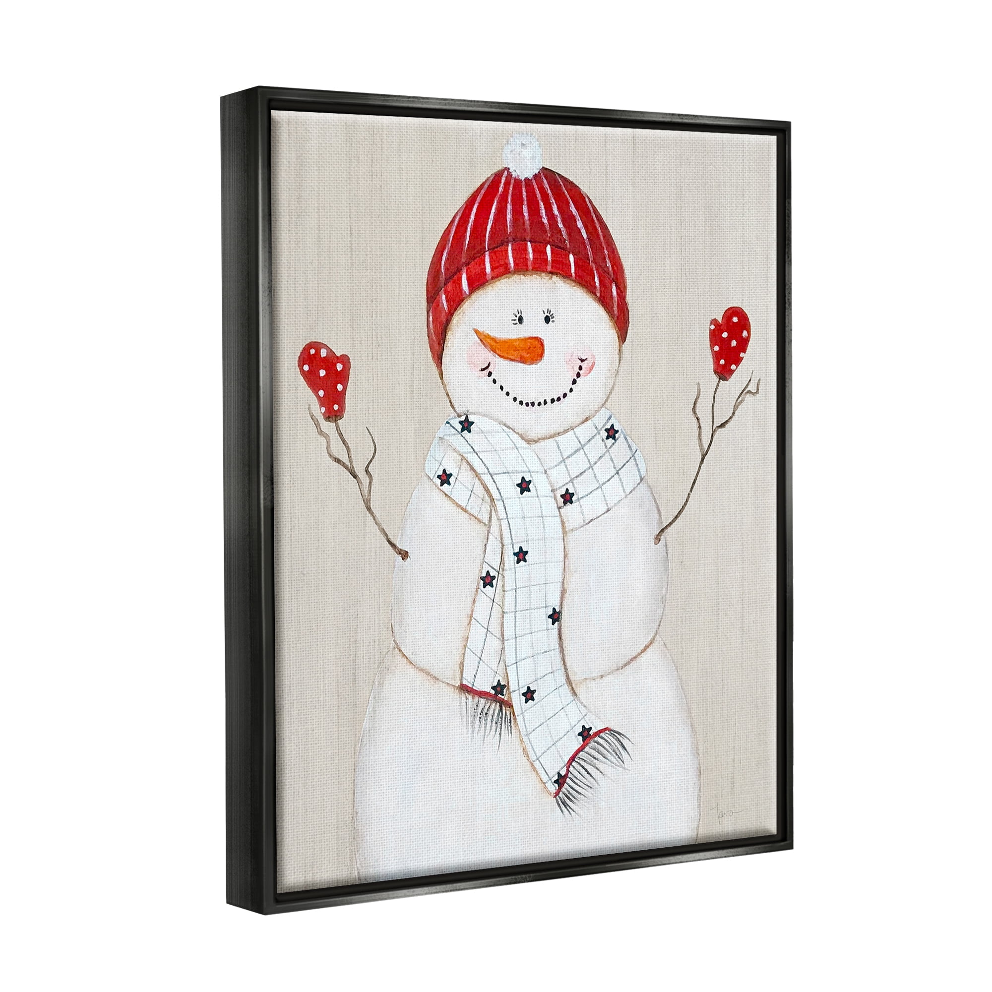 Stupell Industries Seasonal Snowman Smiling Red Hat Holiday Painting Black Floater Framed Art Print Wall Art