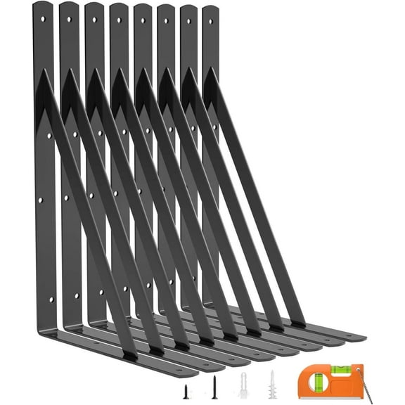 8-Pack Heavy Duty Shelf Bracket 14 Inch, Wall Fit for 14-18 Inch Floating Shelves, L Brackets with 90 Degree Triangle, 250 LBS Max Load, Shelf Mounting Hardware Included, Black