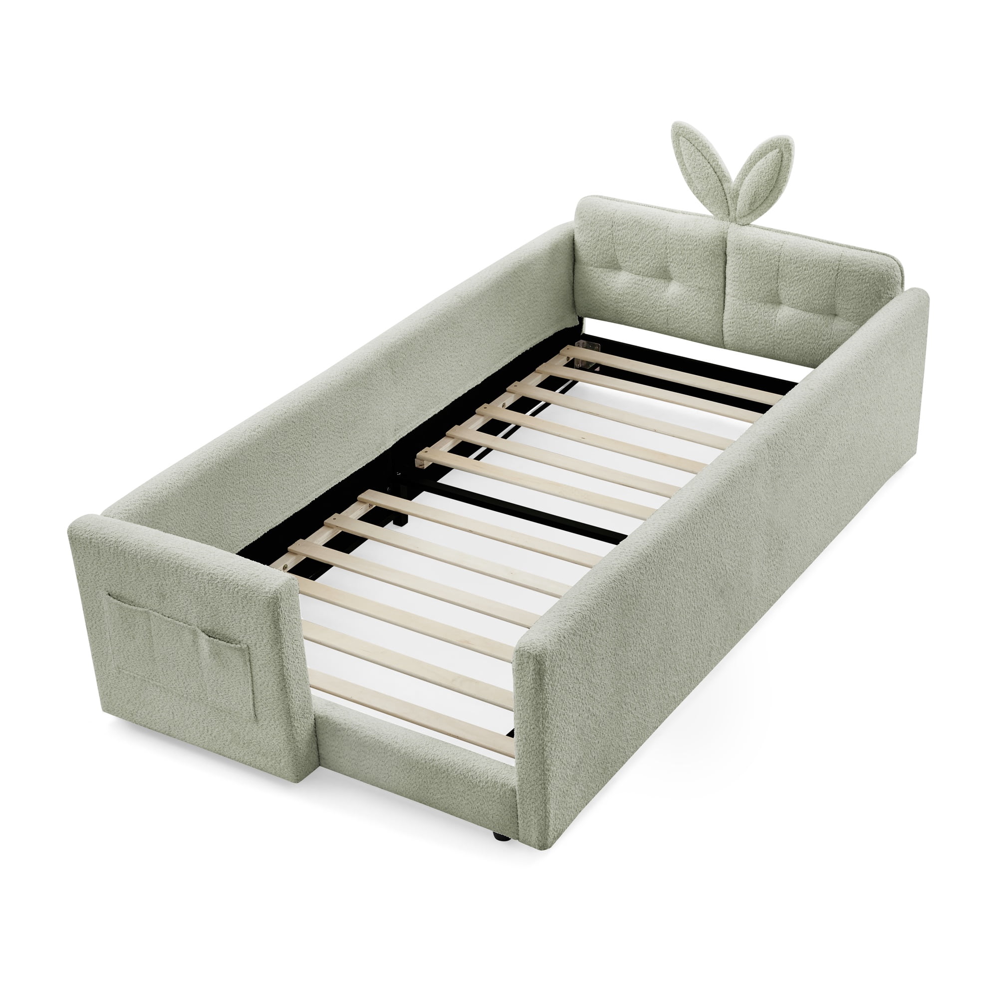 PORKISS Twin Bed Frames for Kids, Boucle Upholstered Platform Bed Frame with Safety Rails, Cute Bunny Ear Cartoon Bed with Storage Pocket, Cyan
