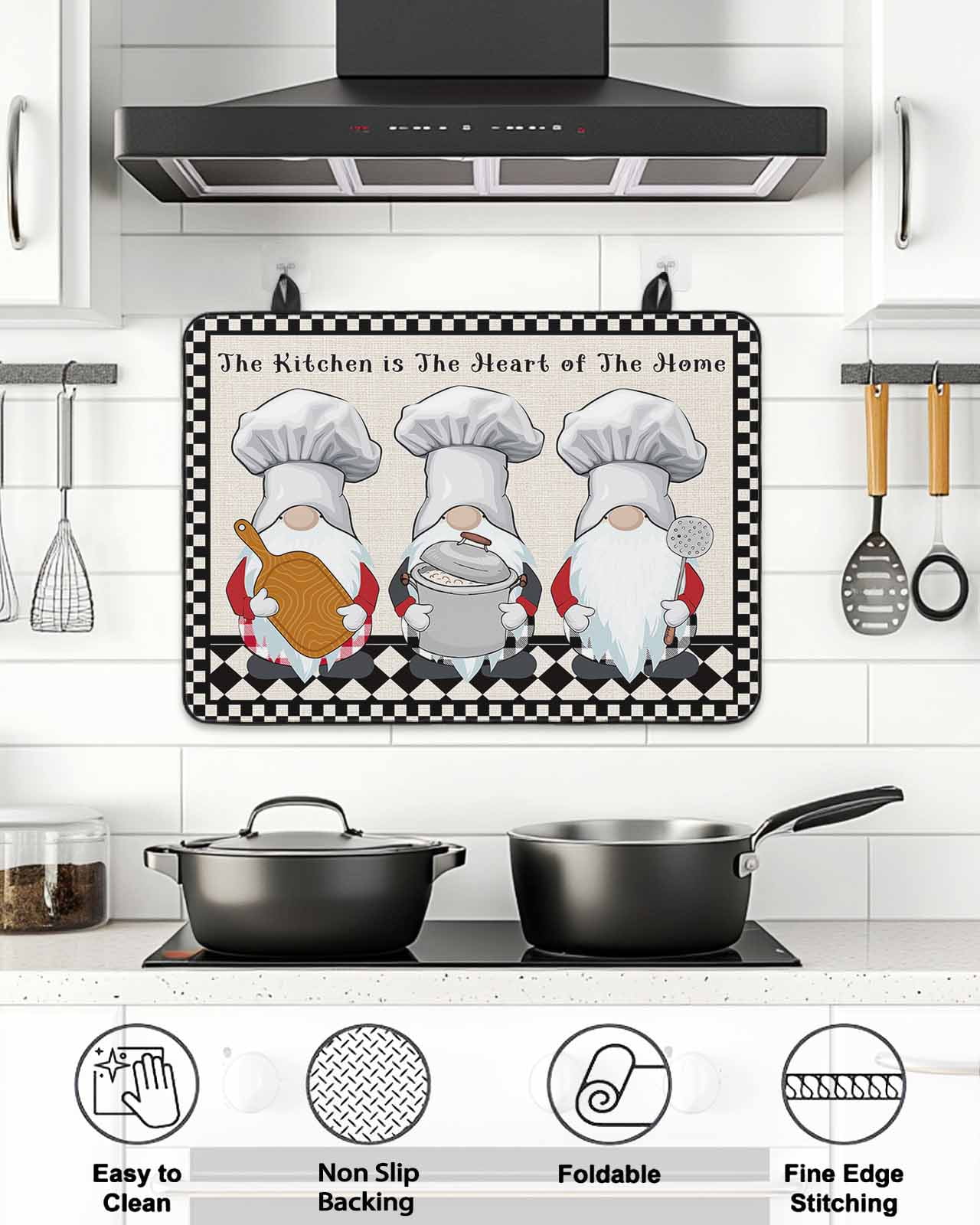 The Chef Stove Top Covers for Electric Stove, 28'x20'' Gnome Kitchen Black Buffalo Plaid Glass Ceramic Stove Cover Foldable Rubber Mat Heat Resistant Cooktop Protector for Kitchen