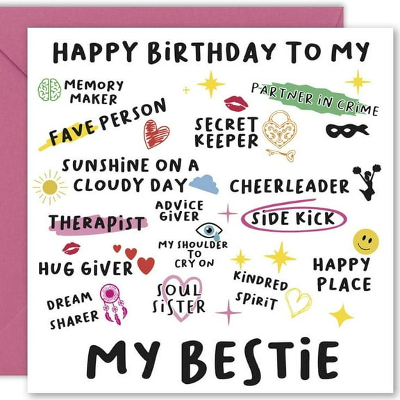 Happy Birthday Card for Best Friend – "To My Bestie" Celebrating Fave Persons & Soul Sisters – Colorful Design with Envelope – Ideal for Friendships and Special Occasions