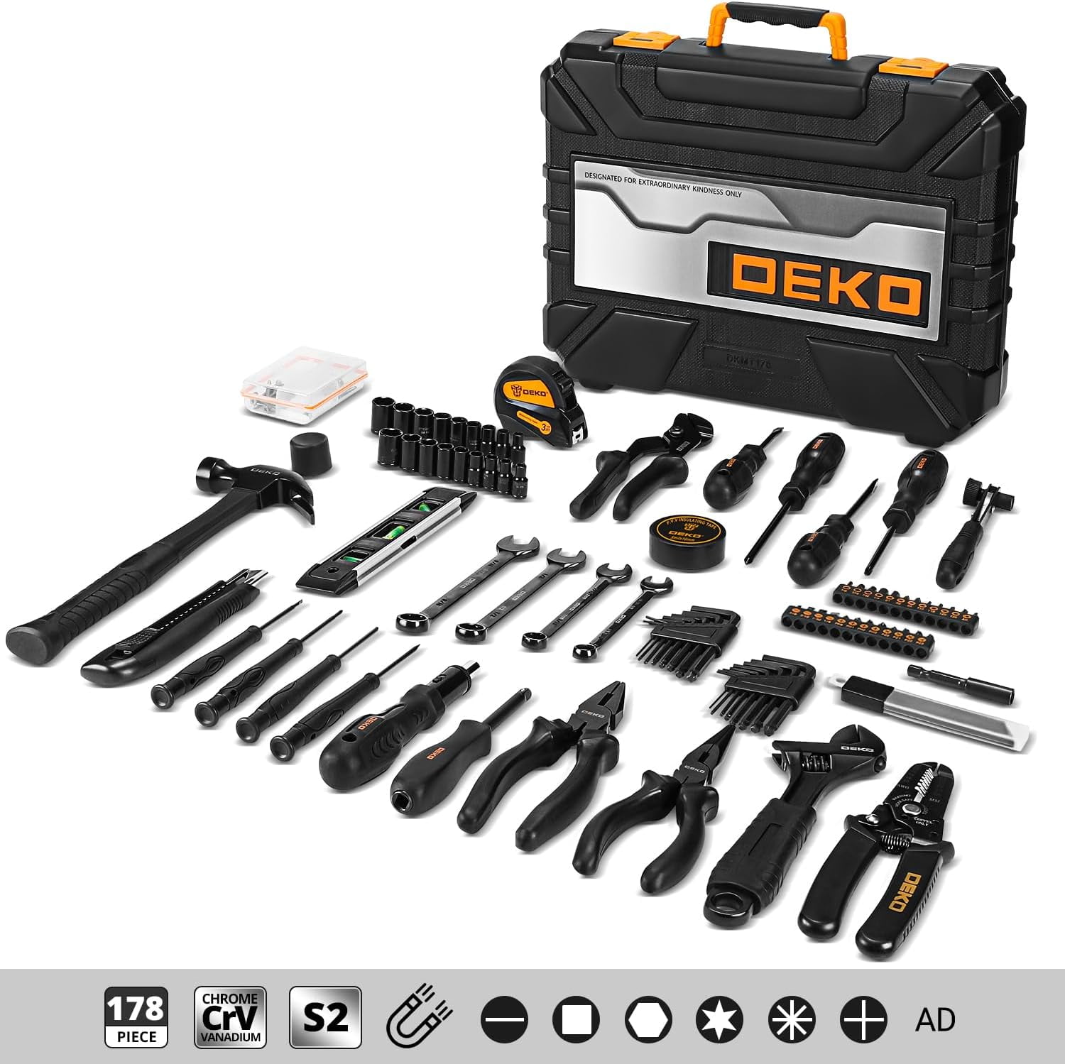 178 Piece Home Tool Kit Set with Plastic Box for Car Repair, , and Household Use