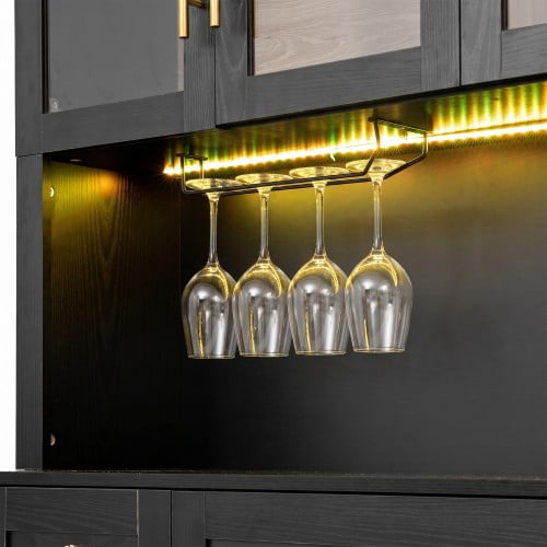 75.8" Tall Arched Farmhouse Kitchen Pantry Cabinet with LED & Charging Station, 55" Wide Storage Hutch with Drawers & Barn Doors, Black