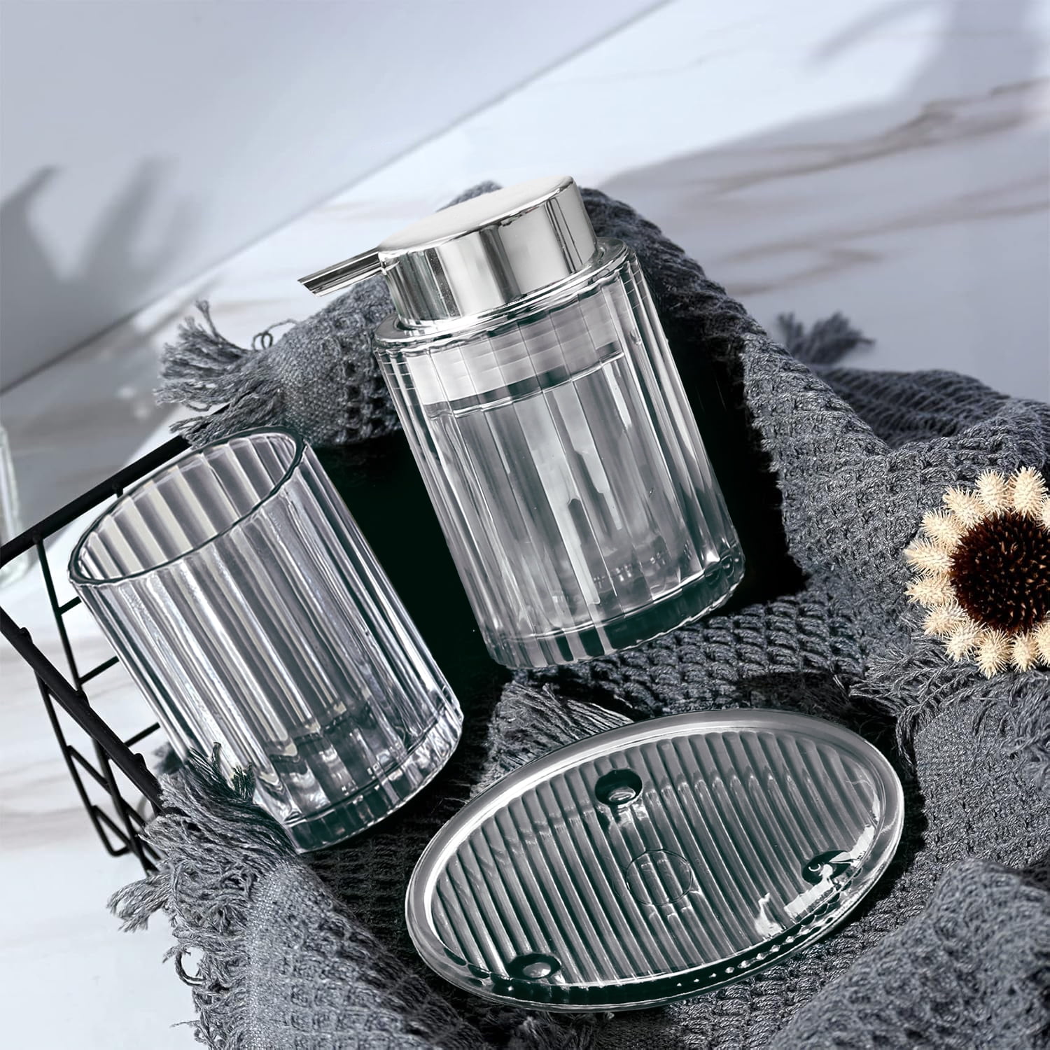 CERBIOR Bathroom Accessories Set, 4 Pcs Glass Bathroom Accessories Sets Complete w/Soap Dispenser, Soap Dish ,Toothbrush Holder,Tumbler, Bathroom Decor, Gift for Home Apartment, Silver Grey