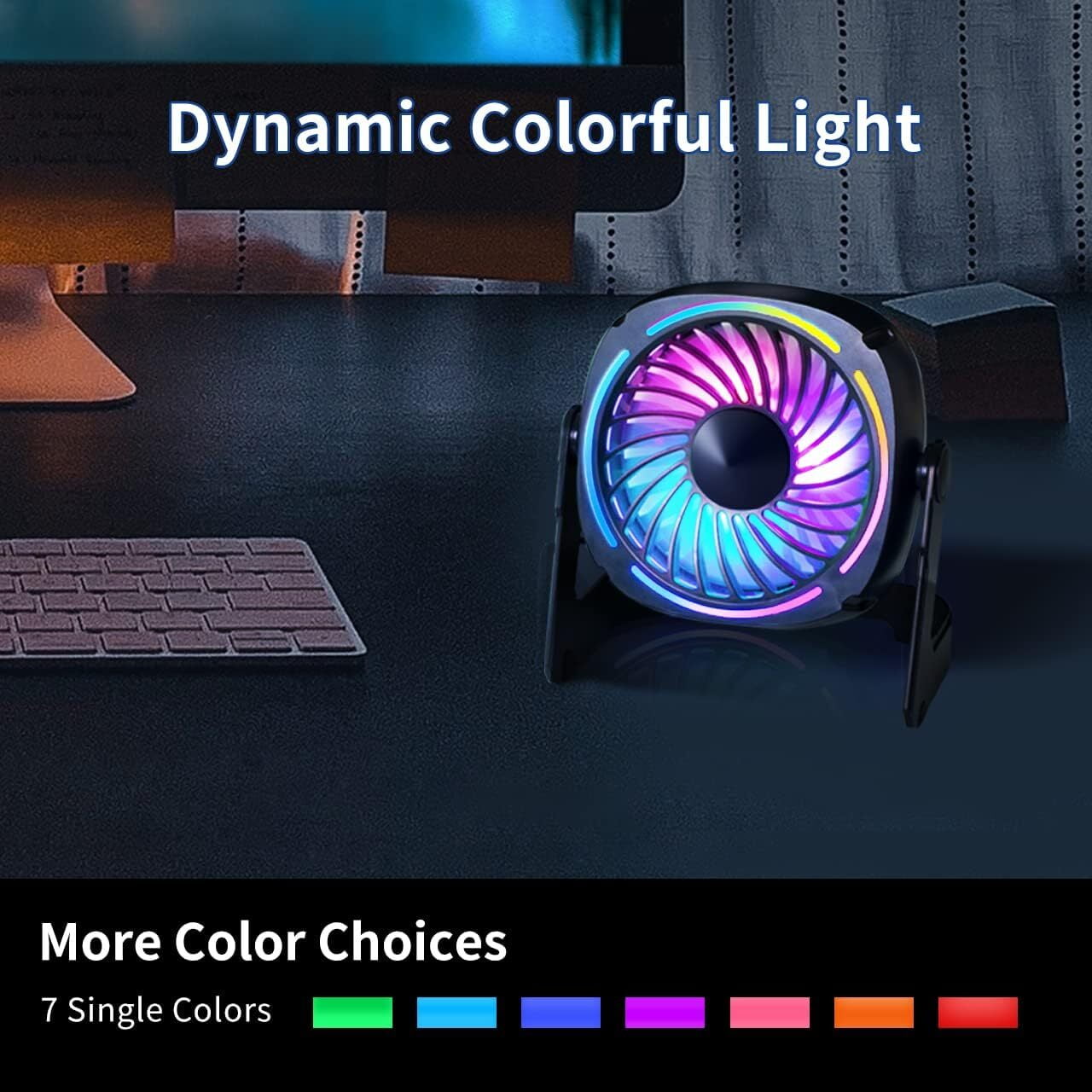 VOCOO Small USB Desk Fans - 5.3 Inch Portable Table Fans with 3 Levels Air Flow, 8 Color LED Lights, 360° Rotation, Quiet Mini Personal Fan for Home Office Desktop
