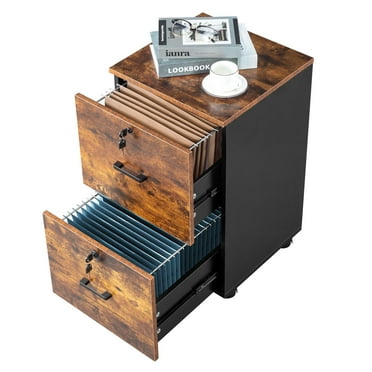 UBesGoo Filing Cabinet with 2 Locking Drawers and Wheels, Rolling Mobile Office Home Storage, File Orgaziner Wooden for Letter/A4 Size, Rustic Black Brown
