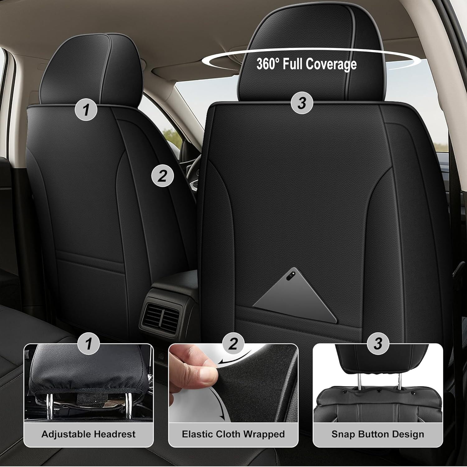HQBQBUG Seat Covers for Cars Fit for Buick Verano 2002-2017 Full Set 5 Seats Waterproof Seat Covers,Premium Leather Car Seat Protector(Black,5 Seats)