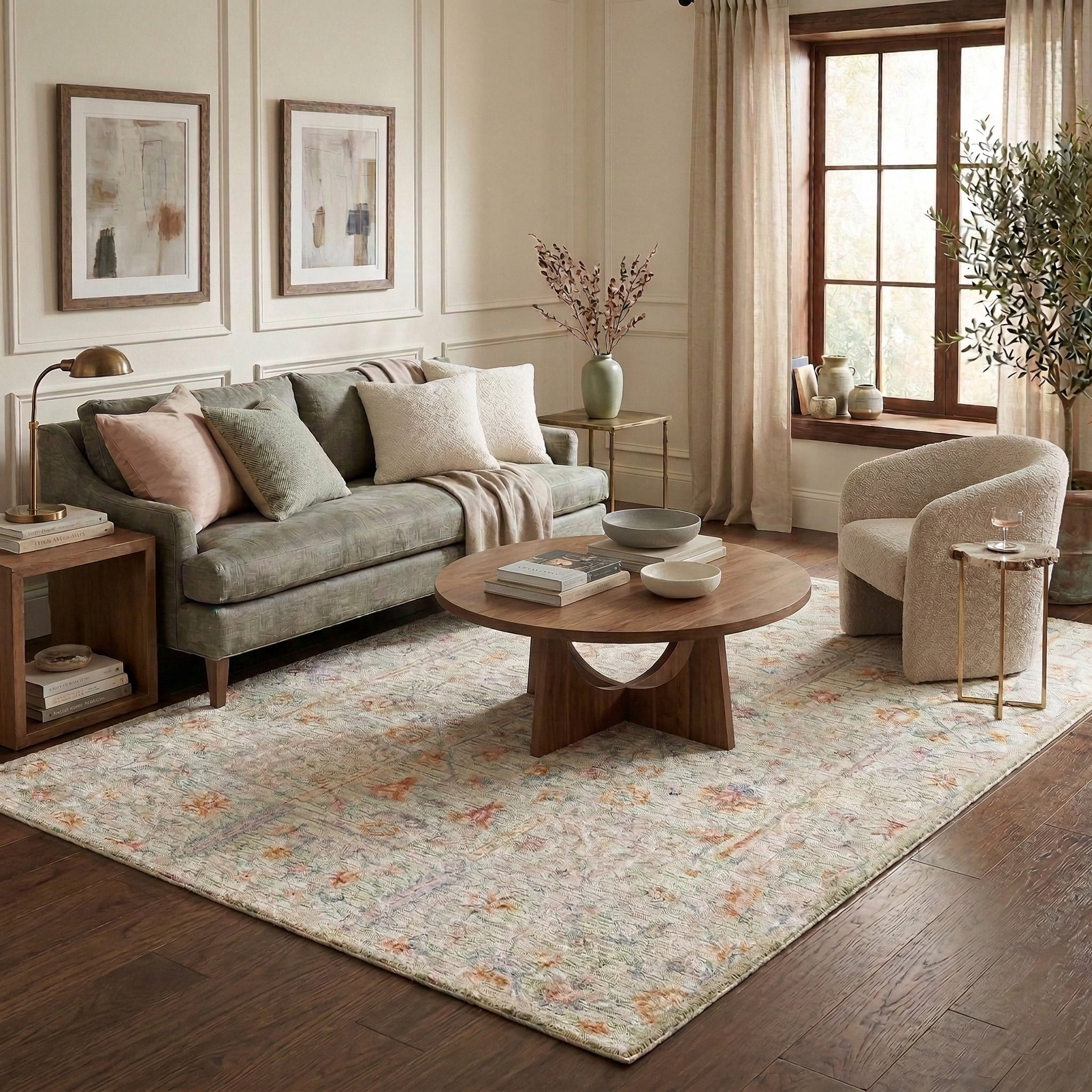 LR Home Viane Blythe Green/Taupe Vintage Floral Wool Area Rug, 7'9" x 9'9"