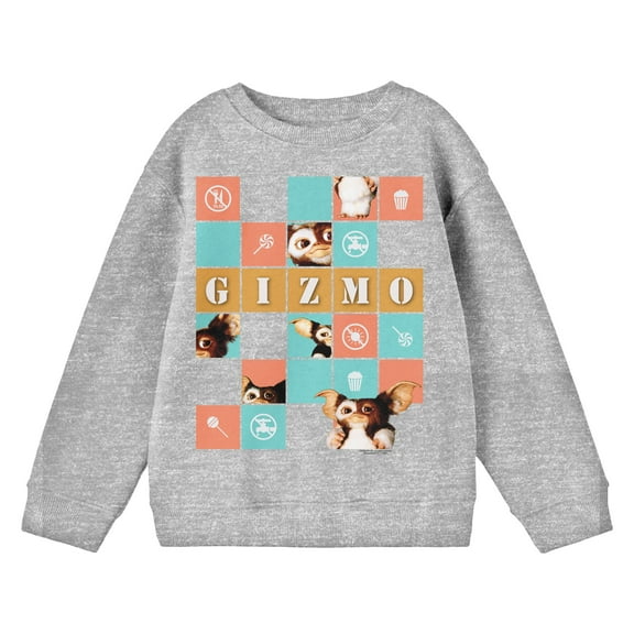 Gremlins Gizmo In Squares With Icons Youth Heather Gray Crew Neck Sweatshirt-Medium