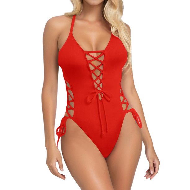 MKLEKYY Trajes De Baños Women Sexy Lace Up 1 Piece Swimsuit Deep V Neck Bathing Suits