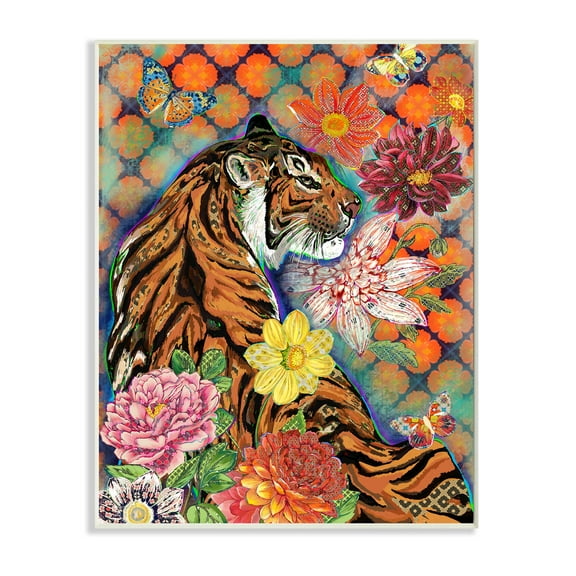Stupell Industries Jungle Tiger Cat Over Orange Arabesque Floral Pattern Wall Plaque, 10 x 15, Design by Sangita Bachelet