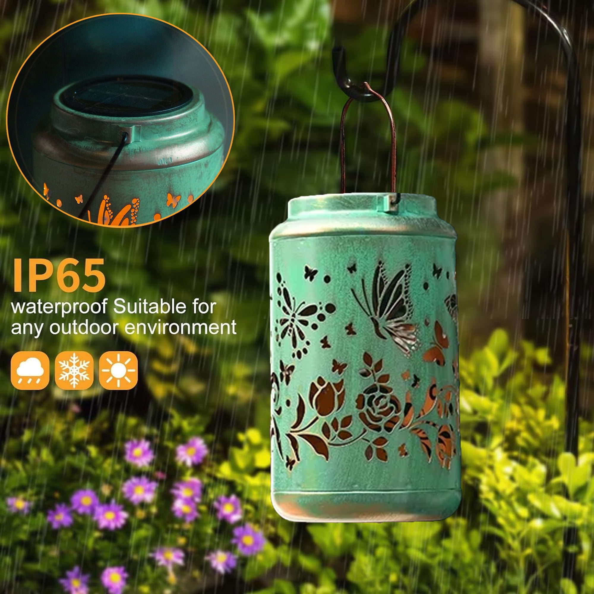 COCOBELA 2 Pack Butterfly Solar Lanterns Outdoor Hanging Metal Decorations Waterproof with LED Light, Landscape Lights for Garden Patio Yard Lawn Backyard Front Porch Gifts for Mom Grandma