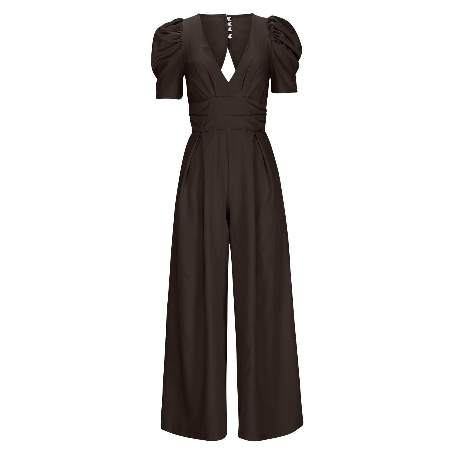 Puff Sleeve Jumpsuits for Women Dressy Sexy Deep V Neck Wide Leg Romper One Piece Formal Business Party Long Pants