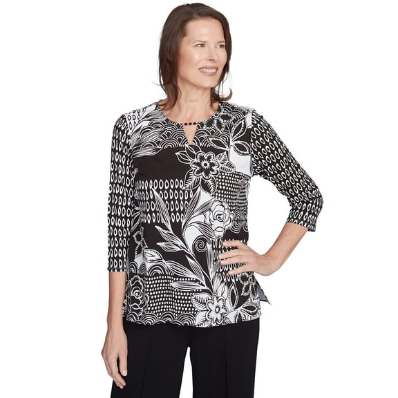 Alfred Dunner Womens Monotone Patch Beaded Split Neck Top