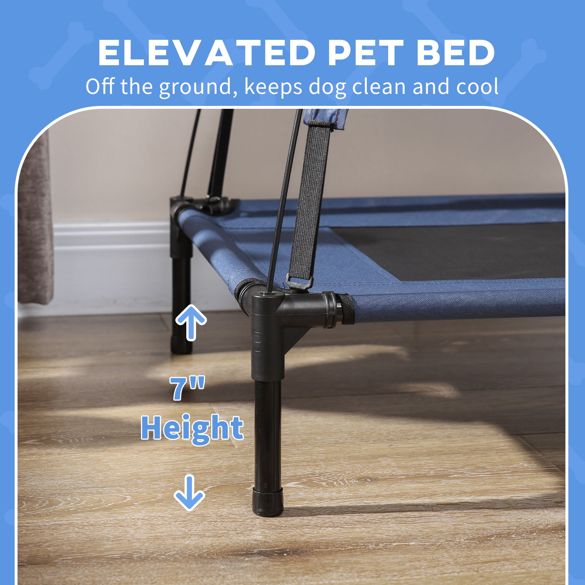 PawHut Elevated Portable Dog Cot Pet Bed with UV Protection Canopy Shade, 36 inch, Dark Blue