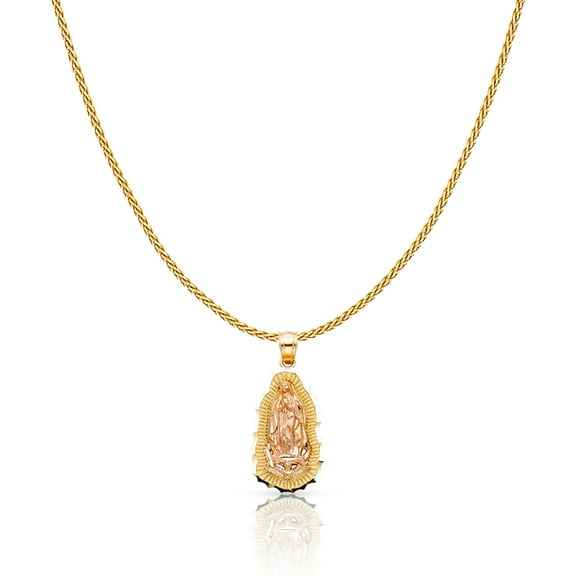 14K Two Tone Gold Our Lady of Guadalupe Charm Pendant with 0.9mm Wheat Chain Necklace - 20"