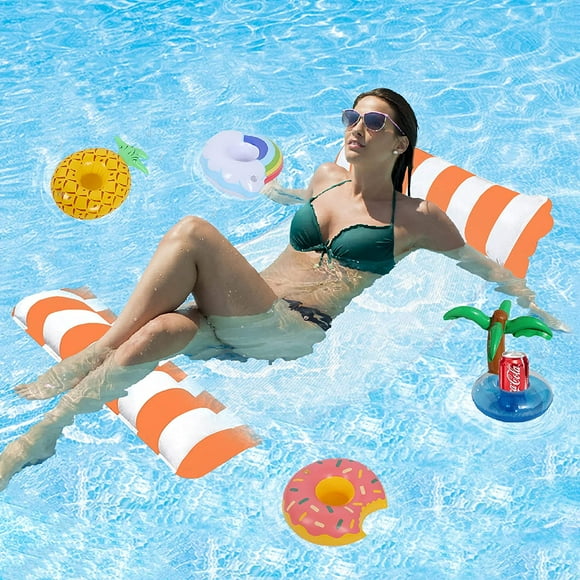 Inflatable Pool Floats with 4Pcs Inflatable Drink Holders, Portable Water Pool Hammock Drifter Saddle Lounger Chair Drink Floats Inflatable Cup for Adults/ Kids Multi-Purpose Pool Toys