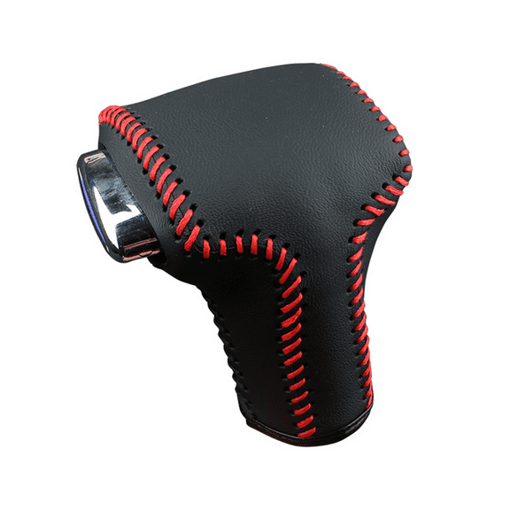Car Gear Shift Knob Cover, Waterproof Leather Vehicle Shifter Knob Accessories, Durable Automotive Interior Gear Shift Decoration Compatible With Volkswagen Passat-Black leather with red thread