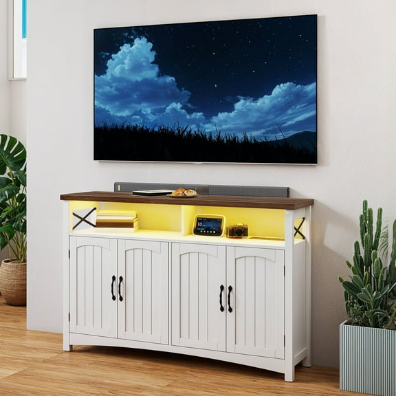 Dextrus Farmhouse TV Stand for 60 inch TV, Entertainment Center with LED Light, TV Media Console Cabinet, 55" White