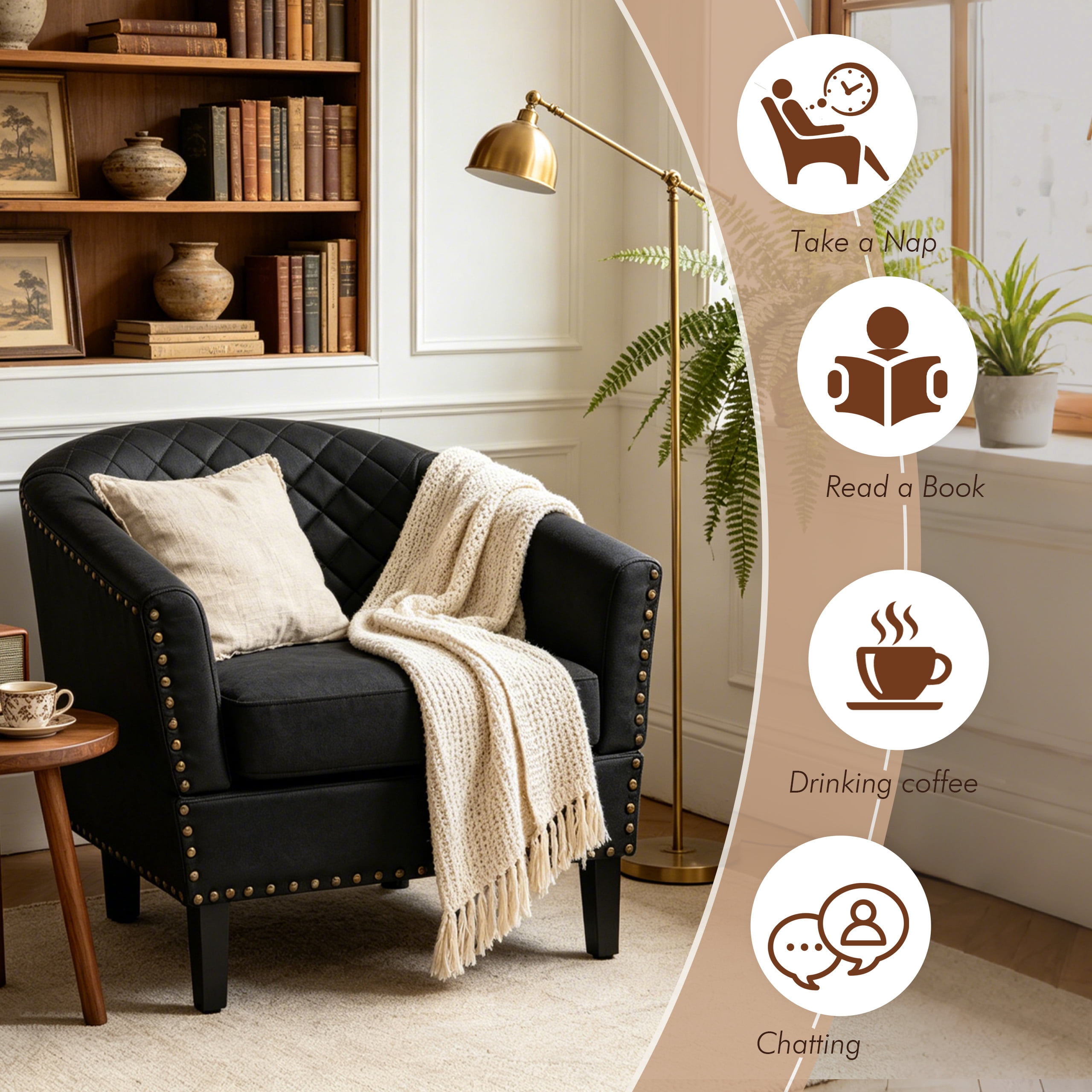 MOONMISS Barrel Accent Chair Club Armchairs Comfy chairs for Living Room, Bedroom,Black