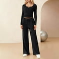 thumbnail image 2 of Women's 2PC Outfit Set Long Sleeve Square Neck Silm Pullover Shirt Elastic Waist Wide Leg Pants Solid Loungewear Suit with Pockets Black L, 2 of 6