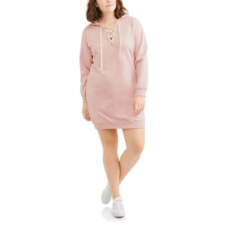 Juniors' Plus Long Sleeve Lace Up Hooded Sweatshirt Dress