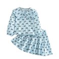 thumbnail image 1 of Odeerbi 2-8 Años Niñas Algodón Trajes Peter Pan Cuello Camisa de Manga Larga Con Falda de Dos Piezas Set Lazo Impreso Falda Set, 1 of 9