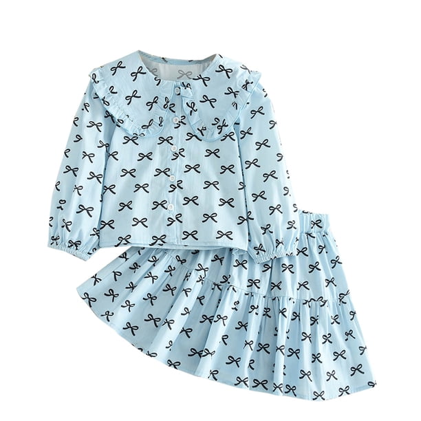 Odeerbi 2-8 Años Niñas Algodón Trajes Peter Pan Cuello Camisa de Manga Larga Con Falda de Dos Piezas Set Lazo Impreso Falda Set