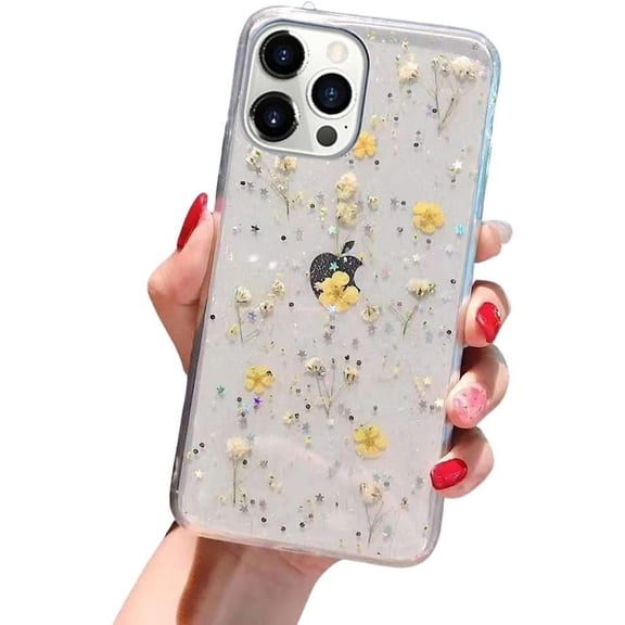 Designed for iPhone 13 Pro Flower Case, Pressed Real Flowers Clear Case with Floral Design for Cute Girls Women,Soft TPU Flexible Glitter Cover for iPhone 13 Pro - Yellow Flowers