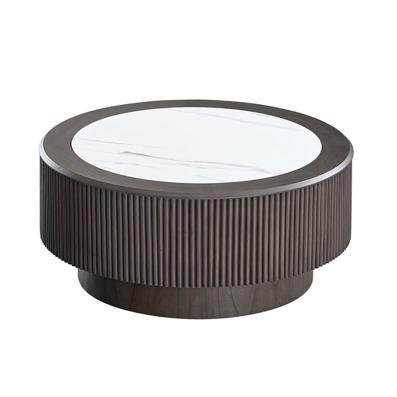 JERFIT 35.4 inch Round Coffee Table for Living Room with Faux Marble Top & Sturdy Pedestal Base, Modern Accent Table for Small Spaces, Dark Brown