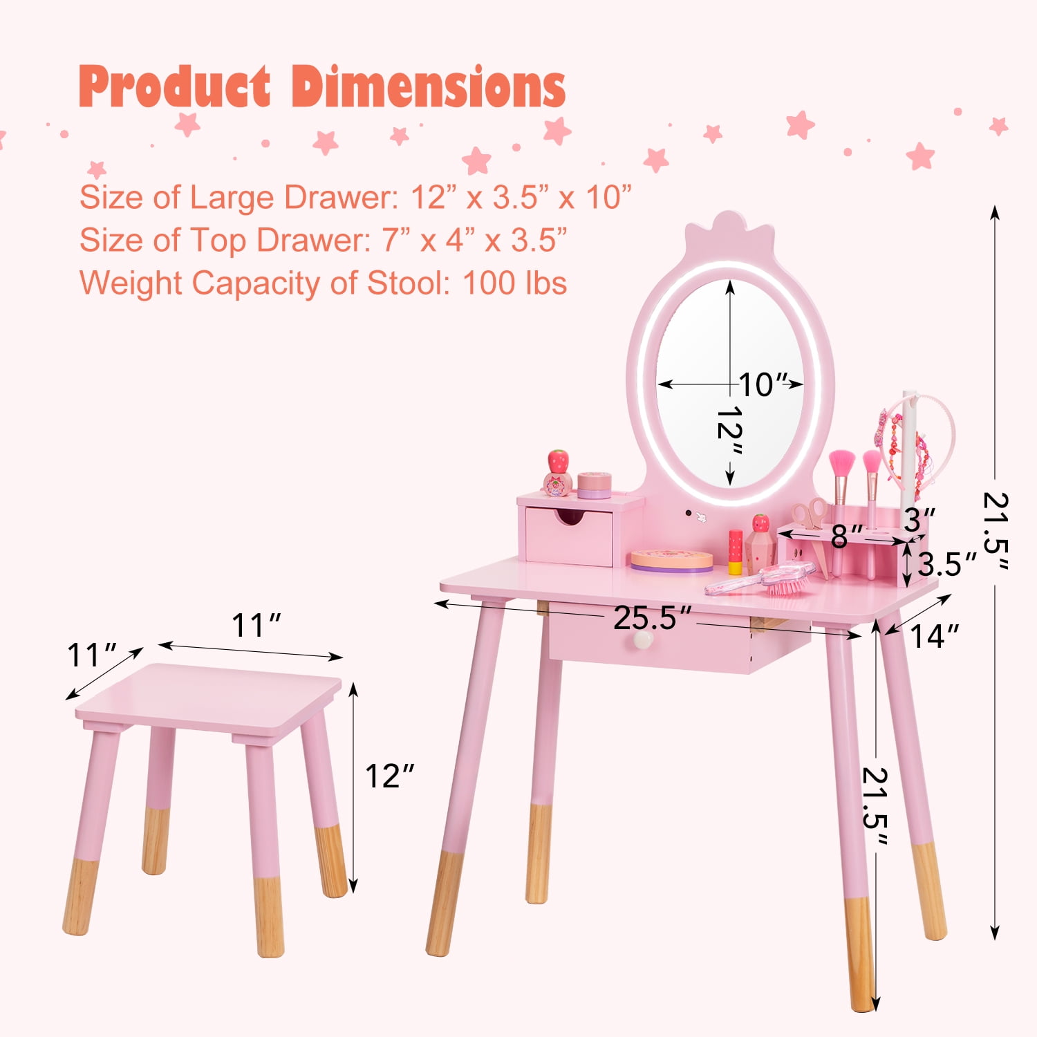 BRINJOY Kids Vanity Set with Mirror, Wooden Make Up Beauty&nbsp;Dressing Table with Lights & Stool & Jewelry Rack & Storage Board, Children Princess Vanity Table Pretend Playset for Girls