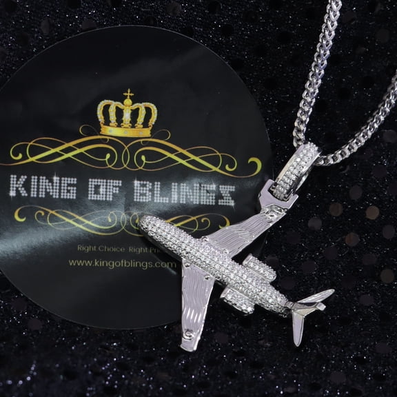 King of Bling's White 925 Sterling Silver Aeroplane Shape Pendant with 1.82ct Cubic Zirconia