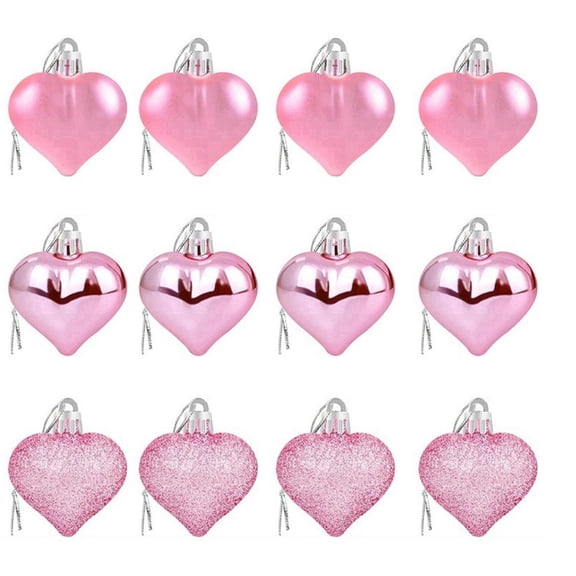 12PCS Valentines Day Mini Heart Ornaments 1.8 Inch Christmas Decorations Glitter Plastic Hearts Shape Hanging Ornament Baubles for Holiday Tree Wedding Anniversary Home Party Decor (Pink)