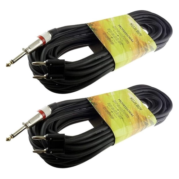 2x50ft 1/4 TS to Banana Plug Speaker Cables - 6.35mm TS to Banana Audio Wire - 16 Gauge - Pro DJ PA System - HiFi Speaker Connection