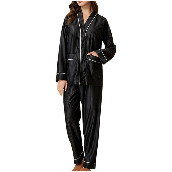 Enjoytime 2Pcs Womens Lounge Set V Neck Long Sleeves Solid Color Tops and Pants Pajama Set with Pockets Loungewear Homewear Sleepwear Fall Winter Women Clothes