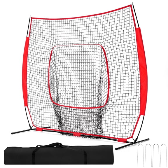 SUMELL 7x7ft Baseball Softball Practice Net Hitting Pitching Training with Strike Zone Target & Carry Bag, Red